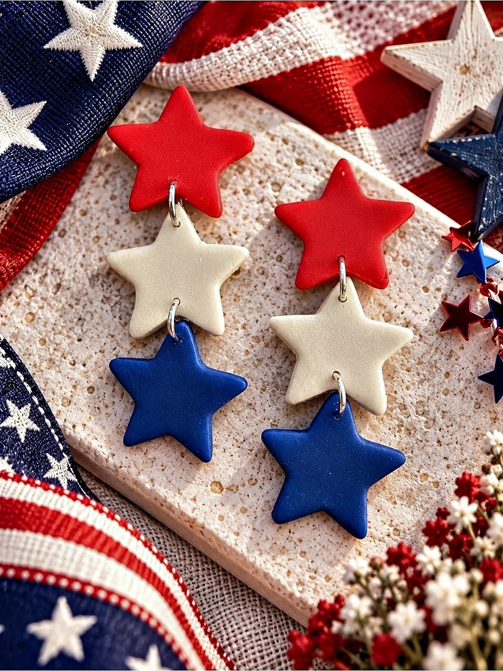 Star Drop Earrings in Red & Blue